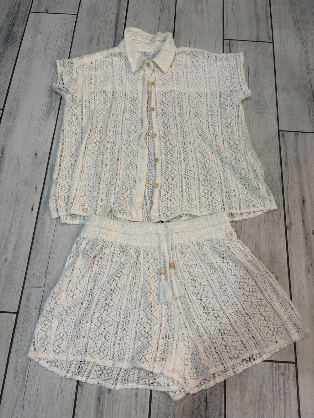 Women's White Lace Swim Coverup Set - Button Shirt & Shorts